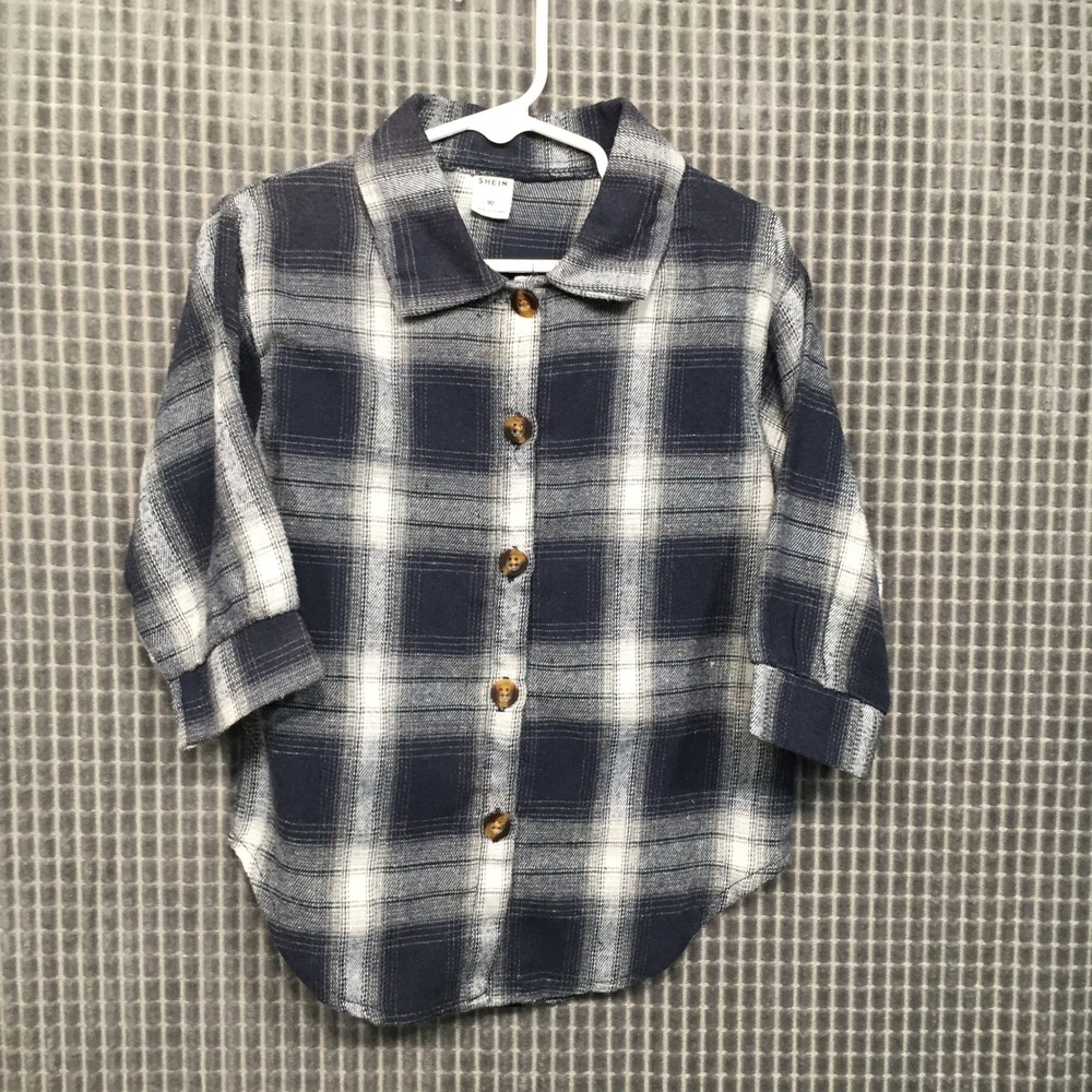 SHEIN Kids Navy Blue White Plaid Flannel Button‎ Down Shirt Size 18-24 Months